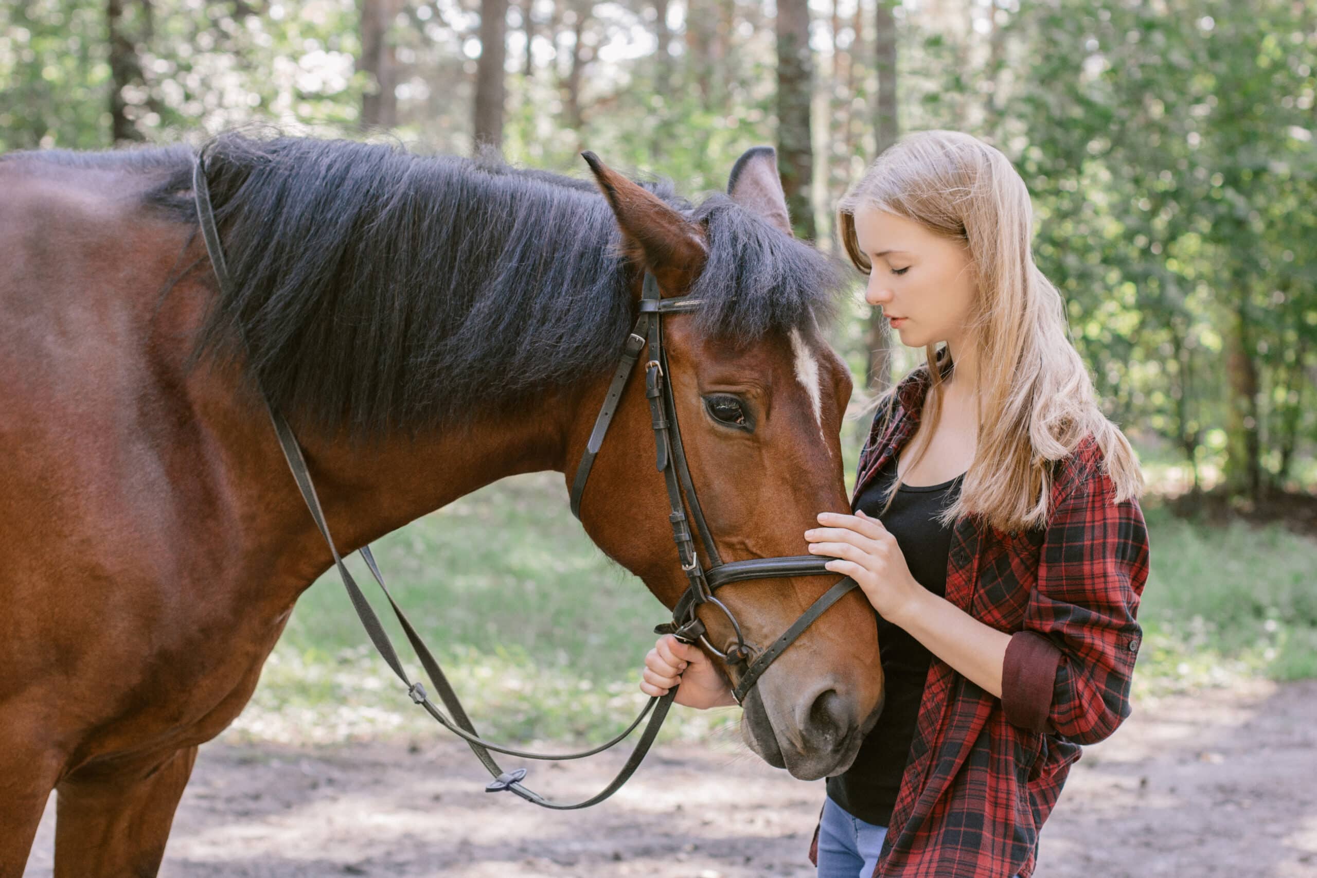 Girl petting a horse during equine therapy for eating disorder recovery