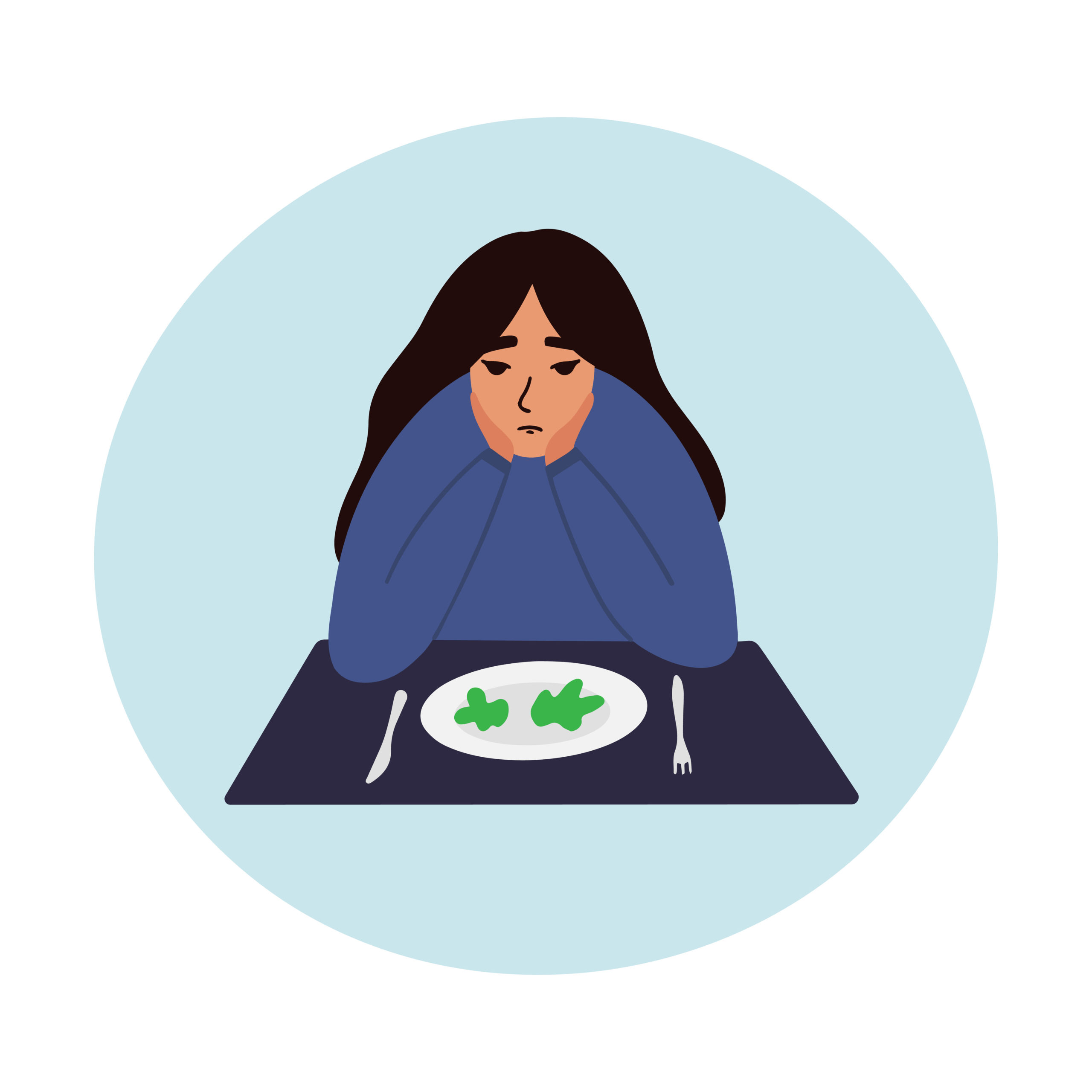 Illustrated teen girl looking at a plate of lettuce looking sad.
