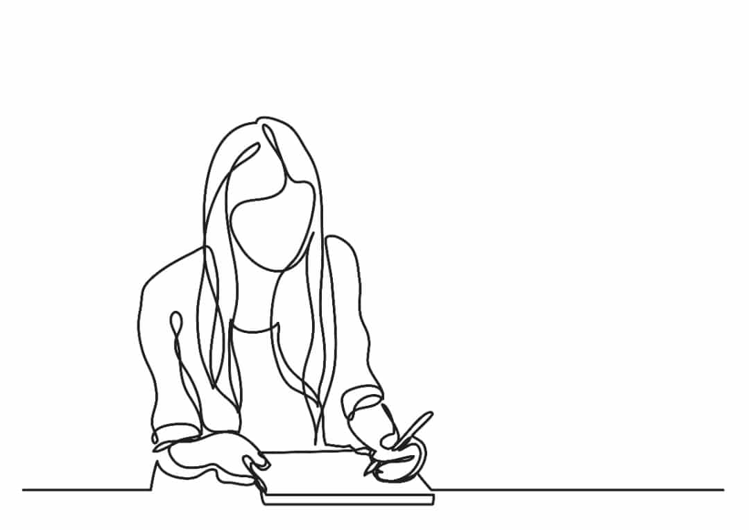 Black and white outline drawing of a woman sitting and writing in a journal.