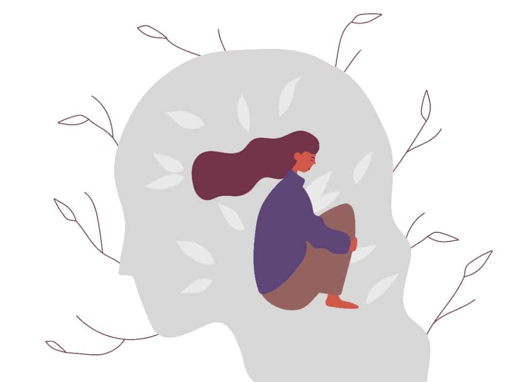 Illustration of a young woman sitting inside a large silhouette of her head. the silhouette looks overgrown with foliage.