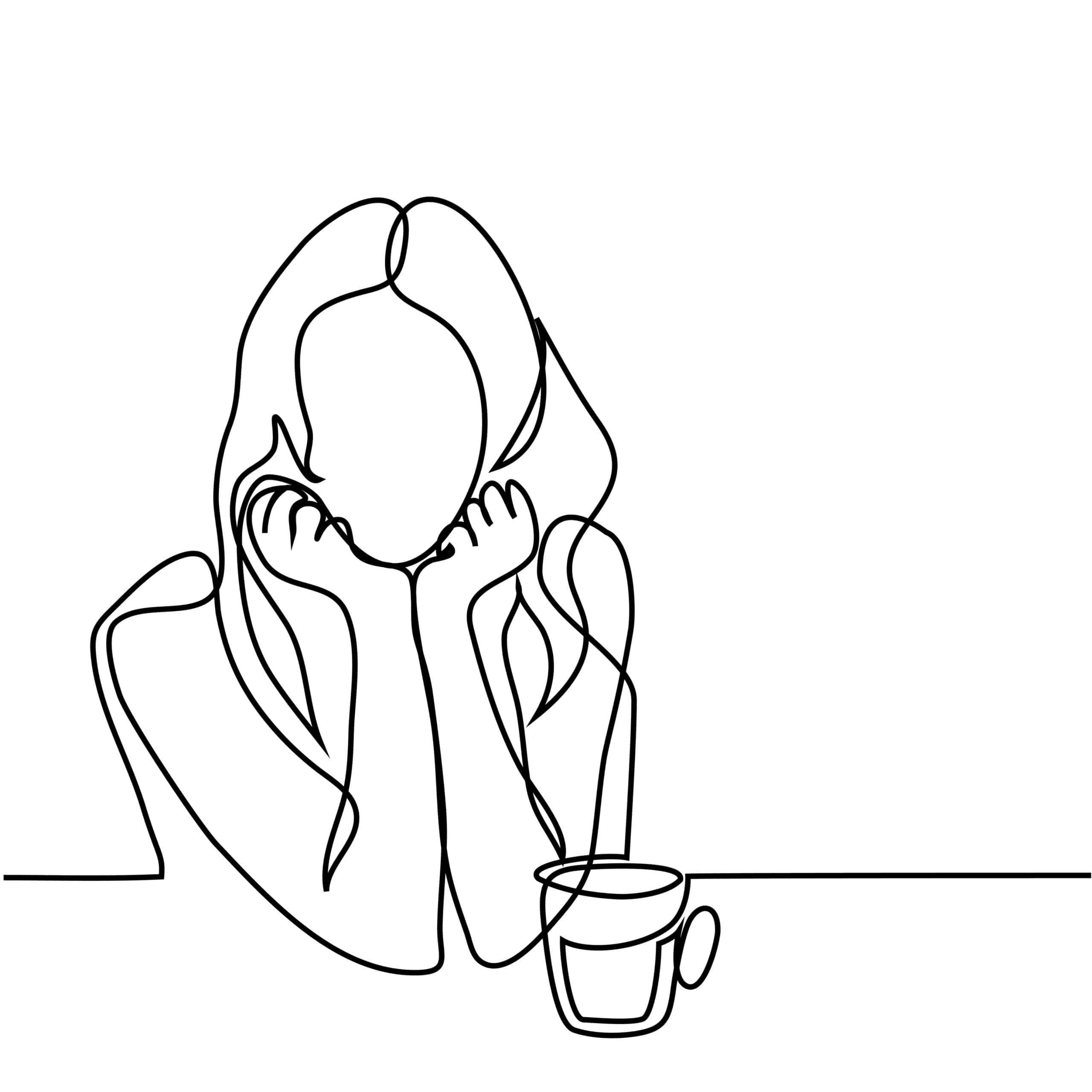 Continuous line drawing. Abstract portrait of a woman with cup of tea.